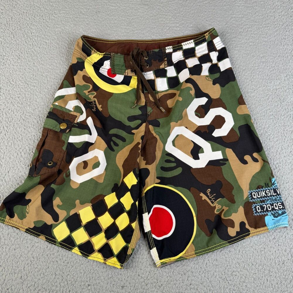QUIKSILVER Board Shorts Mens 32 Swim Flying Fortress Fighter Jet Camo Trunks Y2K